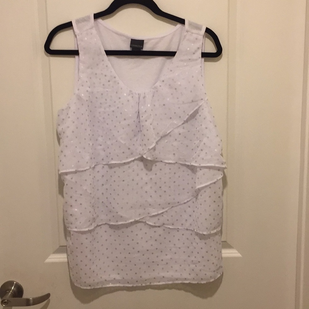 White & Metallic Silver Polka Dot Ruffle Front Career Office Wear Tank Size XL
